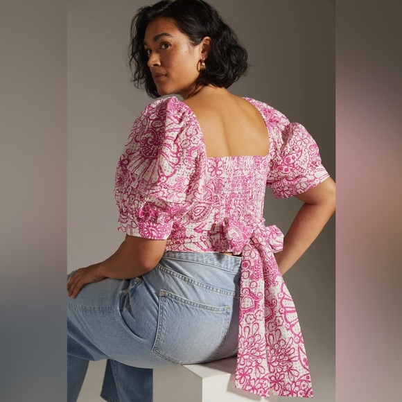 Maeve Anthropologie Tie-Back Printed Crop Top Floral Puff Sleeve Smocked Size L - Picture 2 of 6